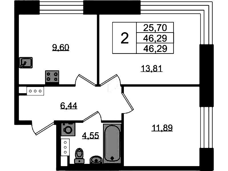 2-комнатная квартира 46.29 м², 2/5 эт., ЖК «Plus Пулковский»